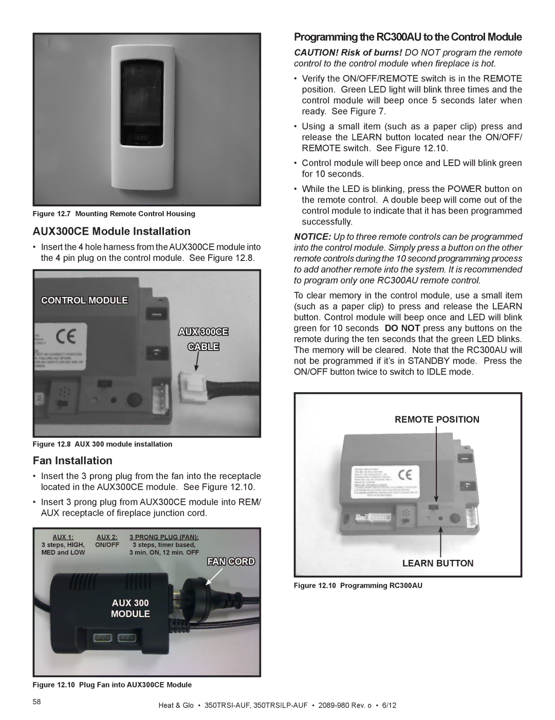 Heat & Glo LifeStyle 350TRSILP-AUF AUX300CE Module Installation, Fan Installation, Remote Position Learn Button 