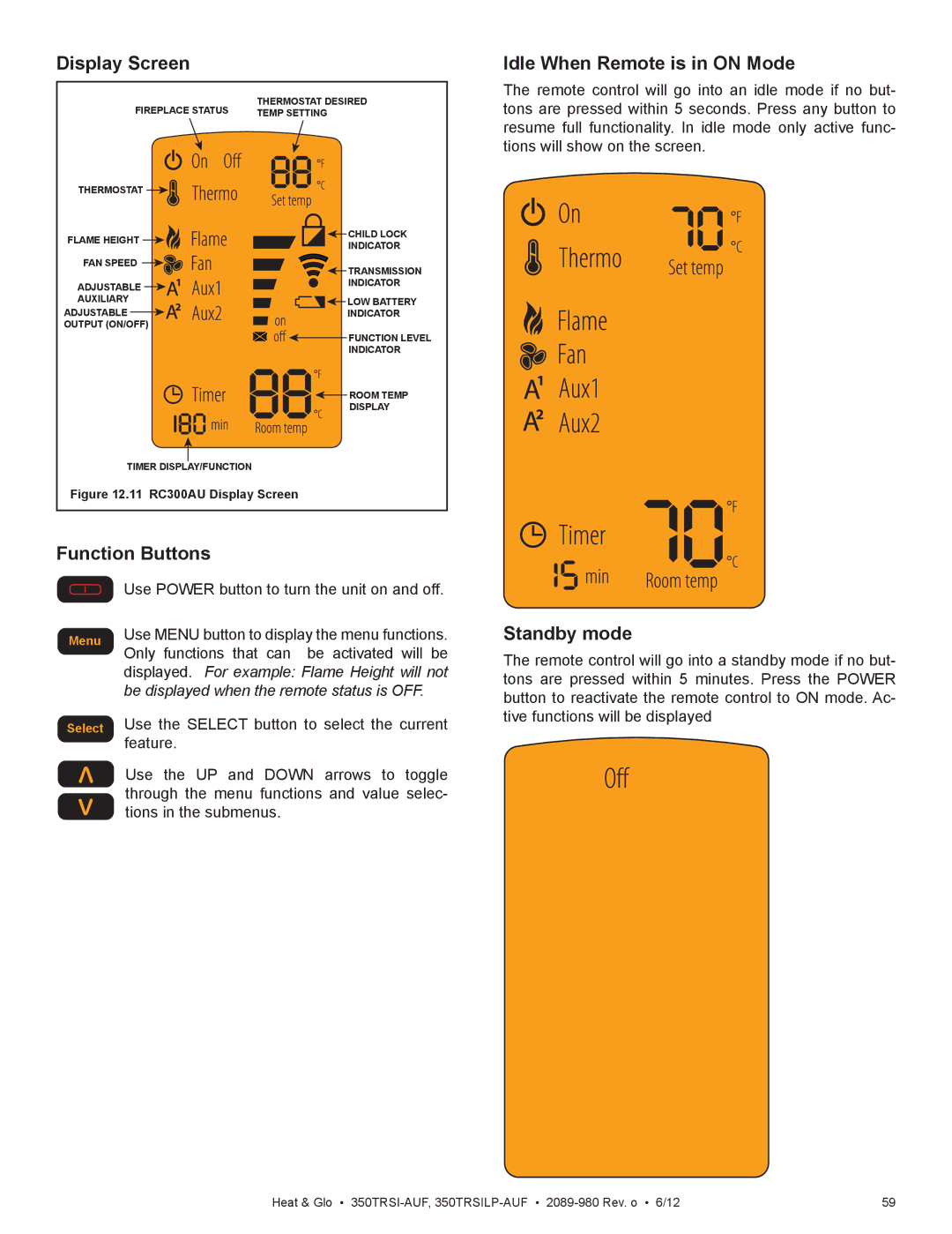 Heat & Glo LifeStyle 350TRSI-AUF Display Screen, Function Buttons, Idle When Remote is in on Mode, Standby mode 