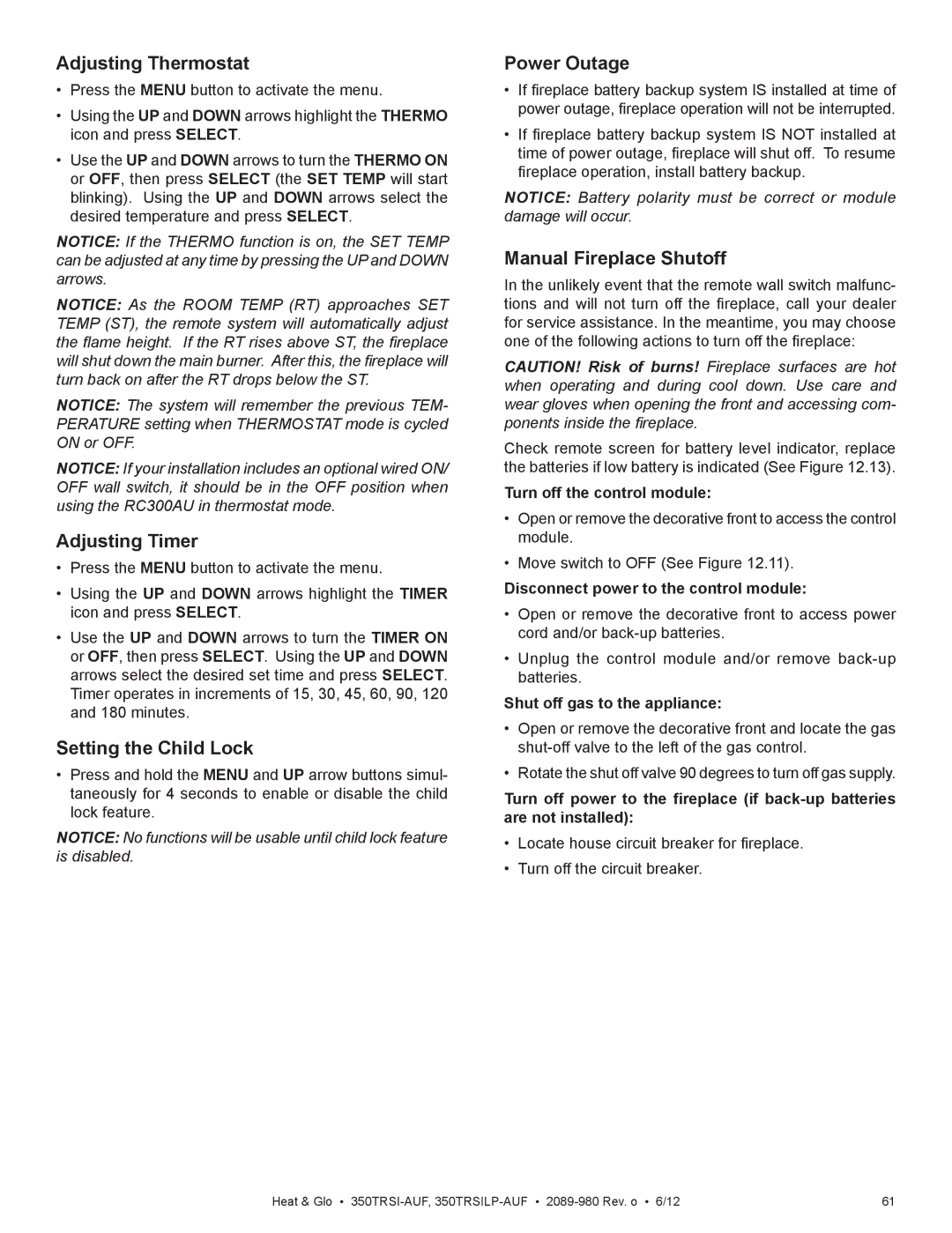 Heat & Glo LifeStyle 350TRSI-AUF owner manual Adjusting Thermostat, Adjusting Timer, Setting the Child Lock, Power Outage 