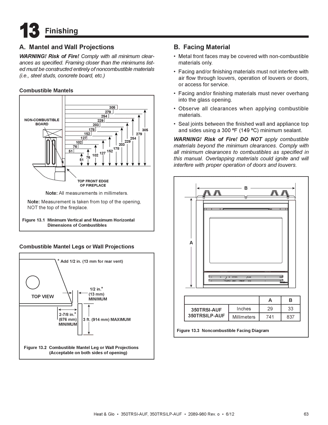 Heat & Glo LifeStyle 350TRSI-AUF, 350TRSILP-AUF owner manual Finishing, Facing Material, 741 837 