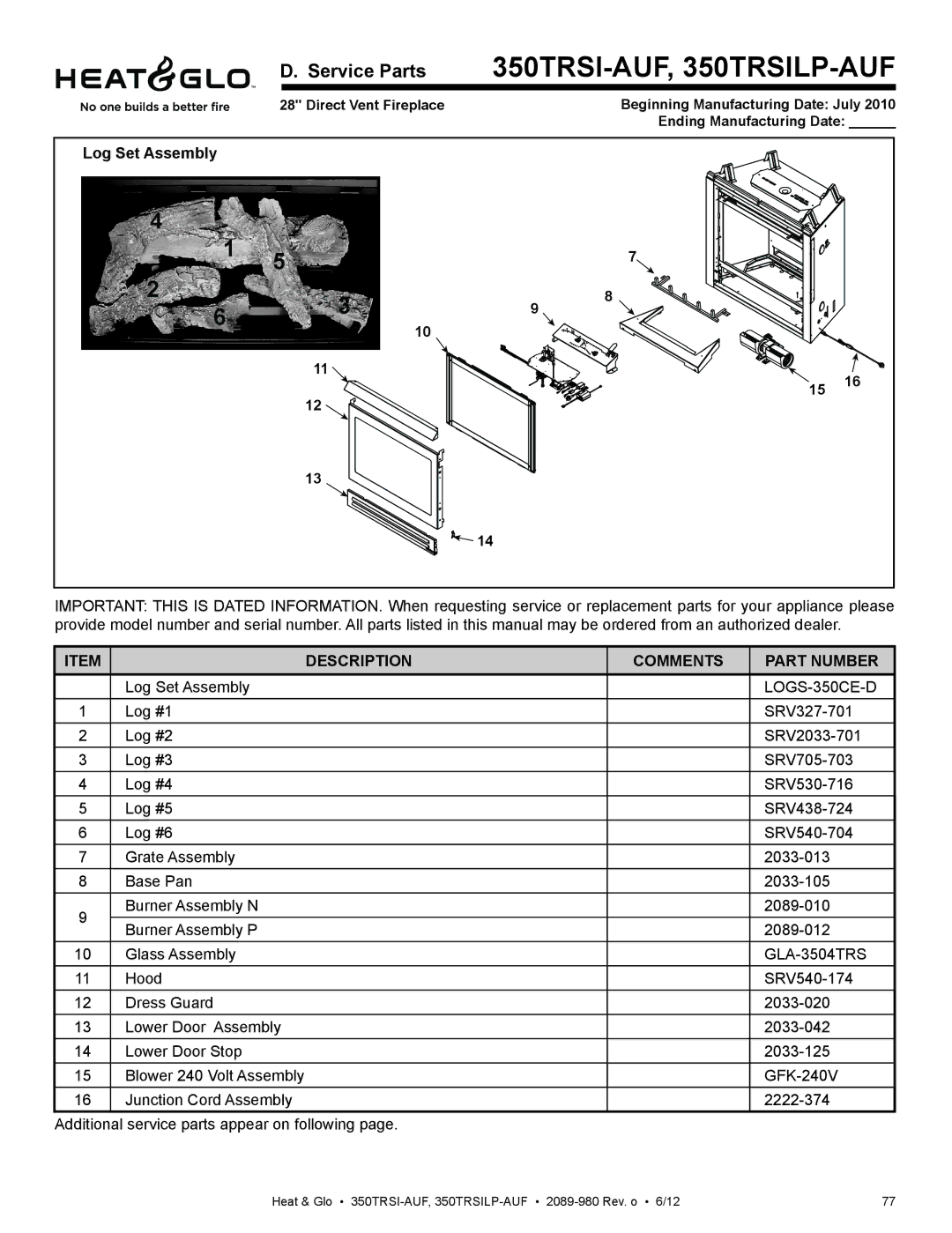 Heat & Glo LifeStyle 350TRSI-AUF, 350TRSILP-AUF owner manual Log Set Assembly, Description Comments Part Number 