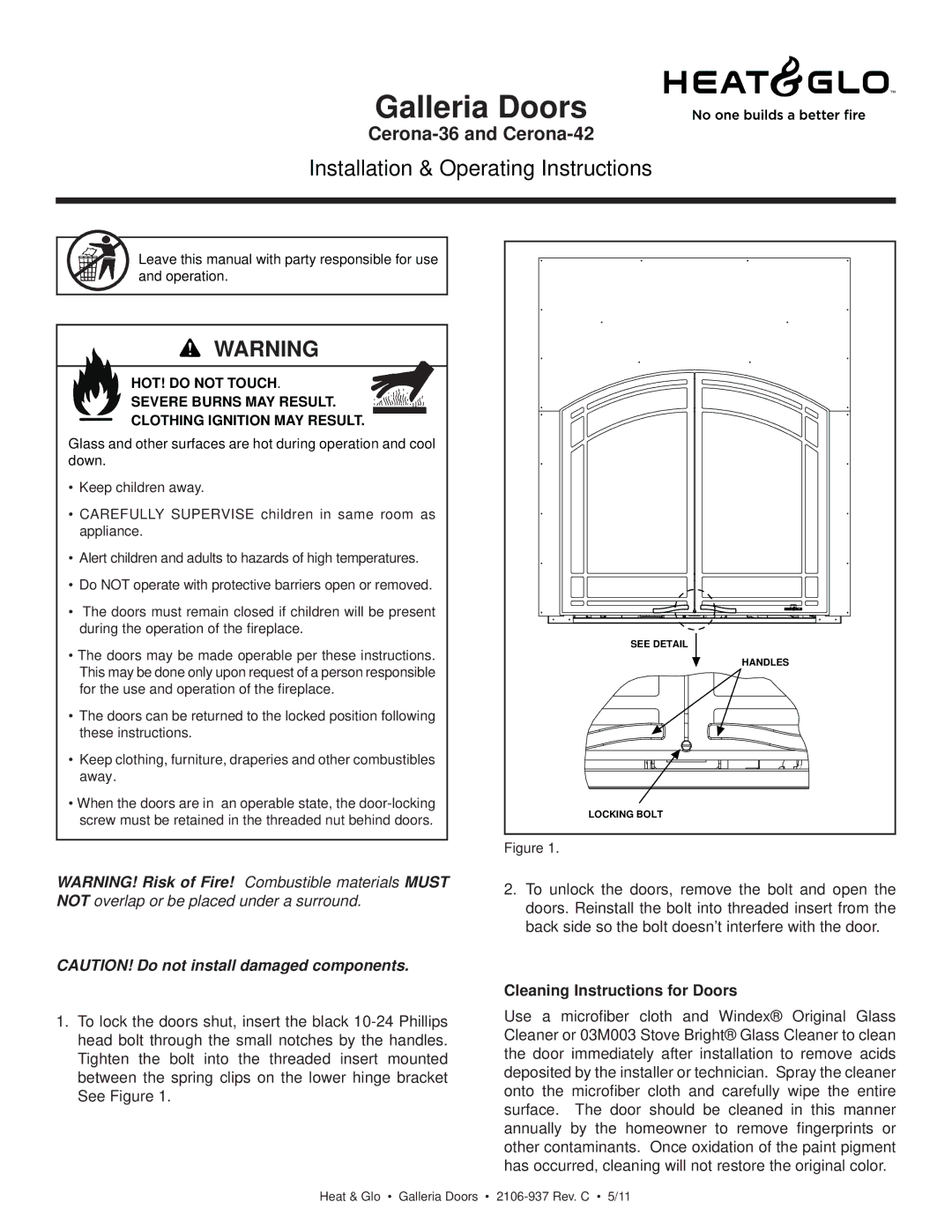 Heat & Glo LifeStyle 36 manual Galleria Doors, Installation & Operating Instructions, Cleaning Instructions for Doors 