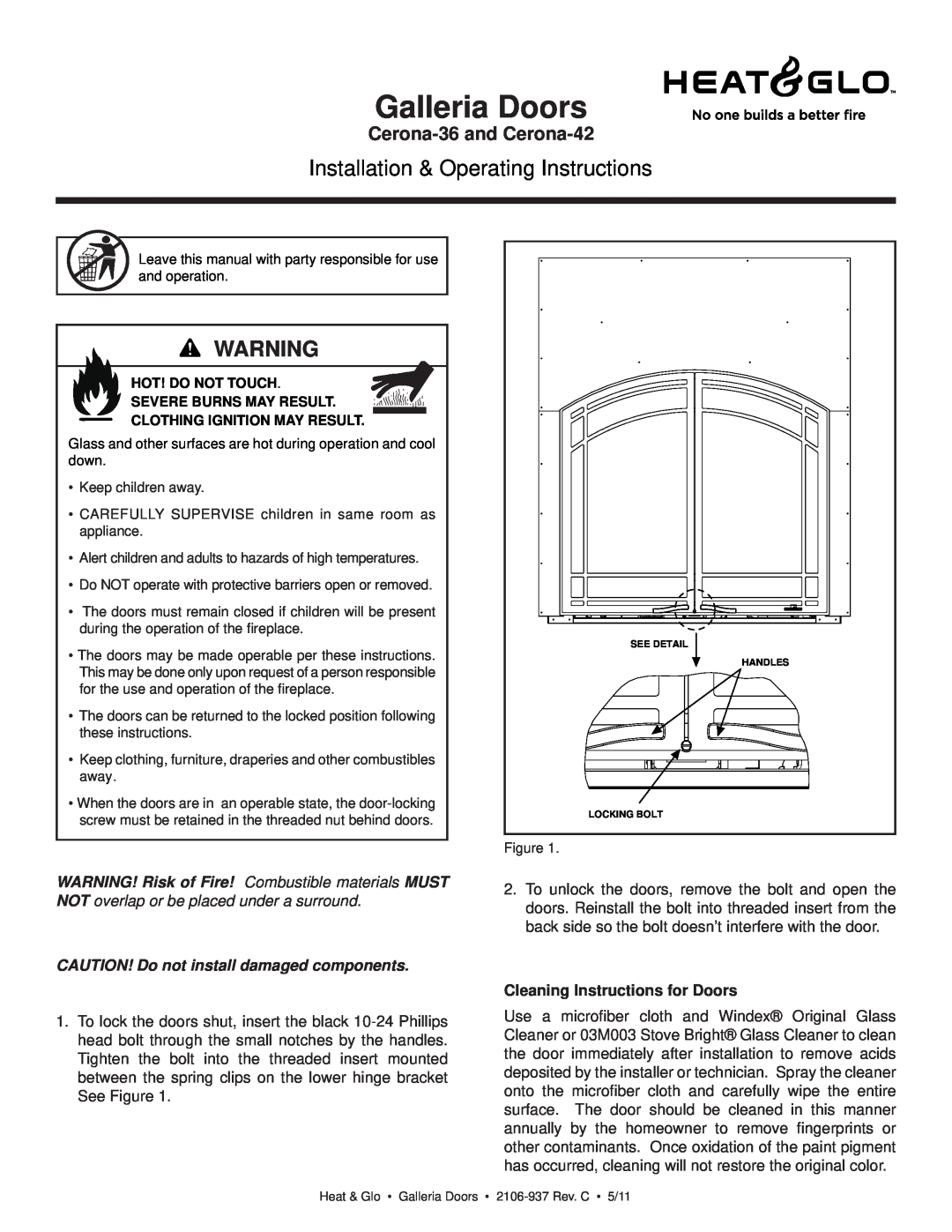 Heat & Glo LifeStyle manual Galleria Doors, Installation & Operating Instructions, Cerona-36 and Cerona-42 