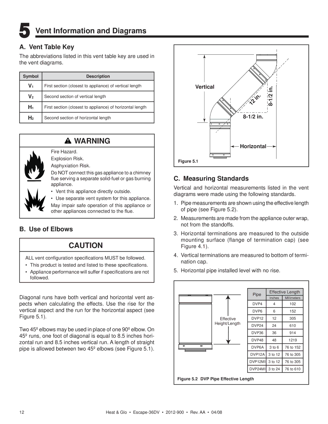 Heat & Glo LifeStyle 36DV owner manual Vent Information and Diagrams, Vent Table Key, Use of Elbows, Measuring Standards 