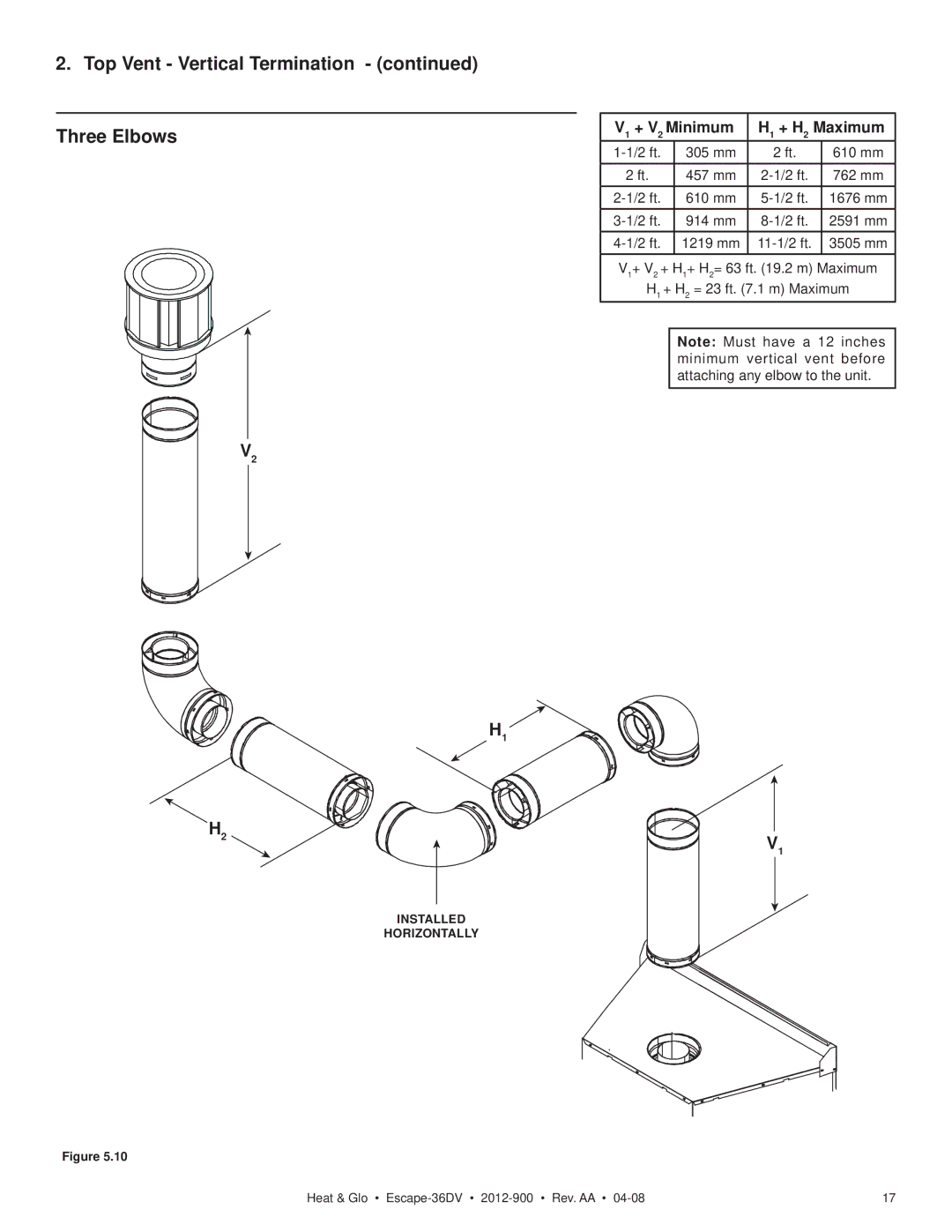 Heat & Glo LifeStyle 36DV owner manual Top Vent Vertical Termination Three Elbows, V1 + V2 Minimum H1 + H2 Maximum 