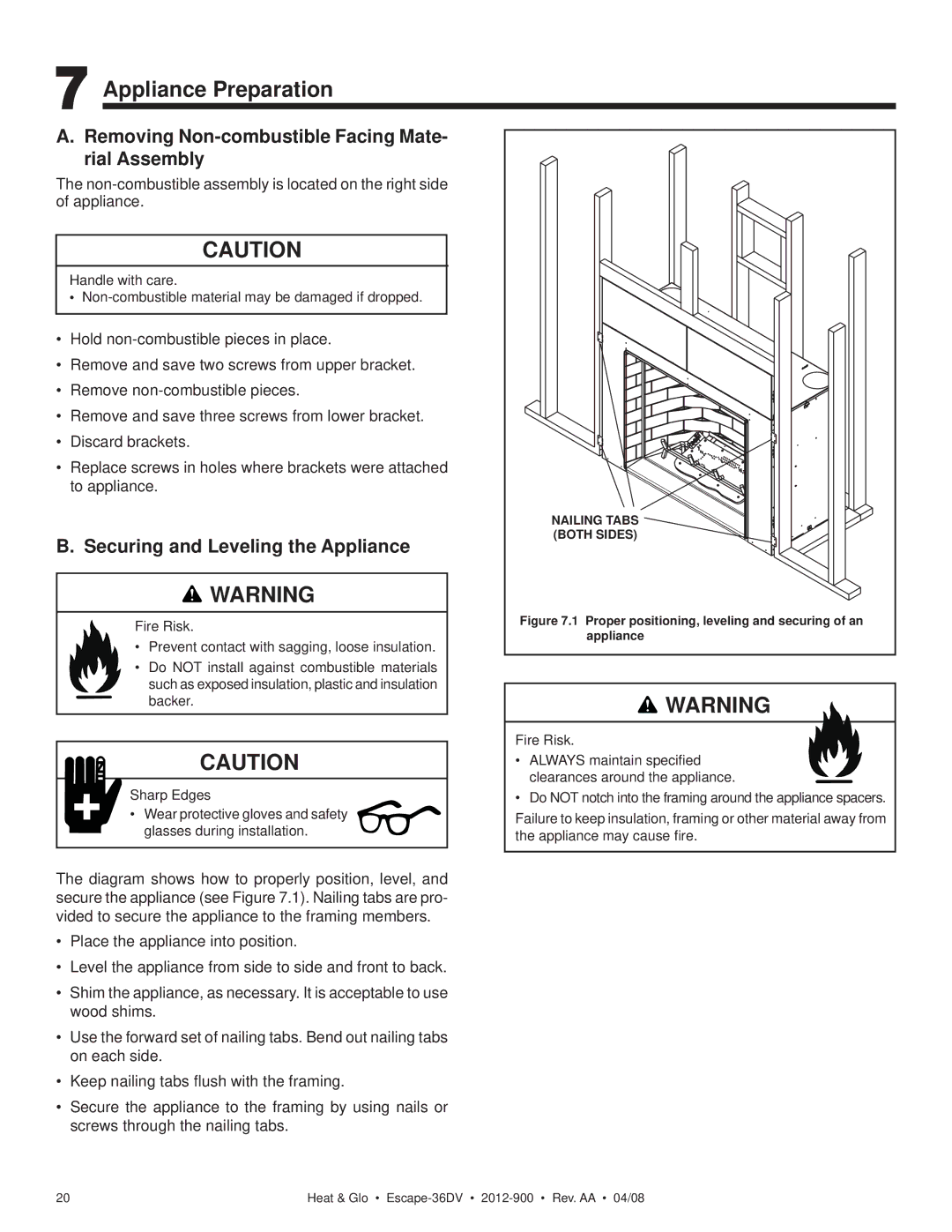 Heat & Glo LifeStyle 36DV owner manual Appliance Preparation, Removing Non-combustible Facing Mate- rial Assembly 