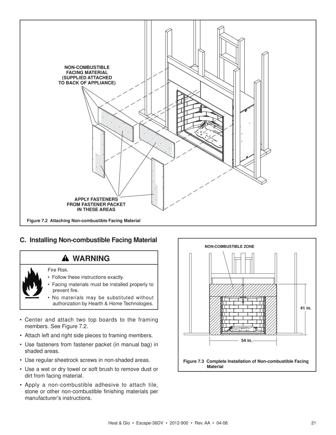 Heat & Glo LifeStyle 36DV Installing Non-combustible Facing Material, Attaching Non-combustible Facing Material 