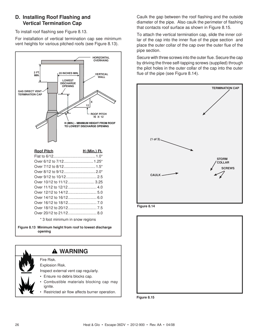 Heat & Glo LifeStyle 36DV owner manual Installing Roof Flashing and Vertical Termination Cap, Roof Pitch Min. Ft 