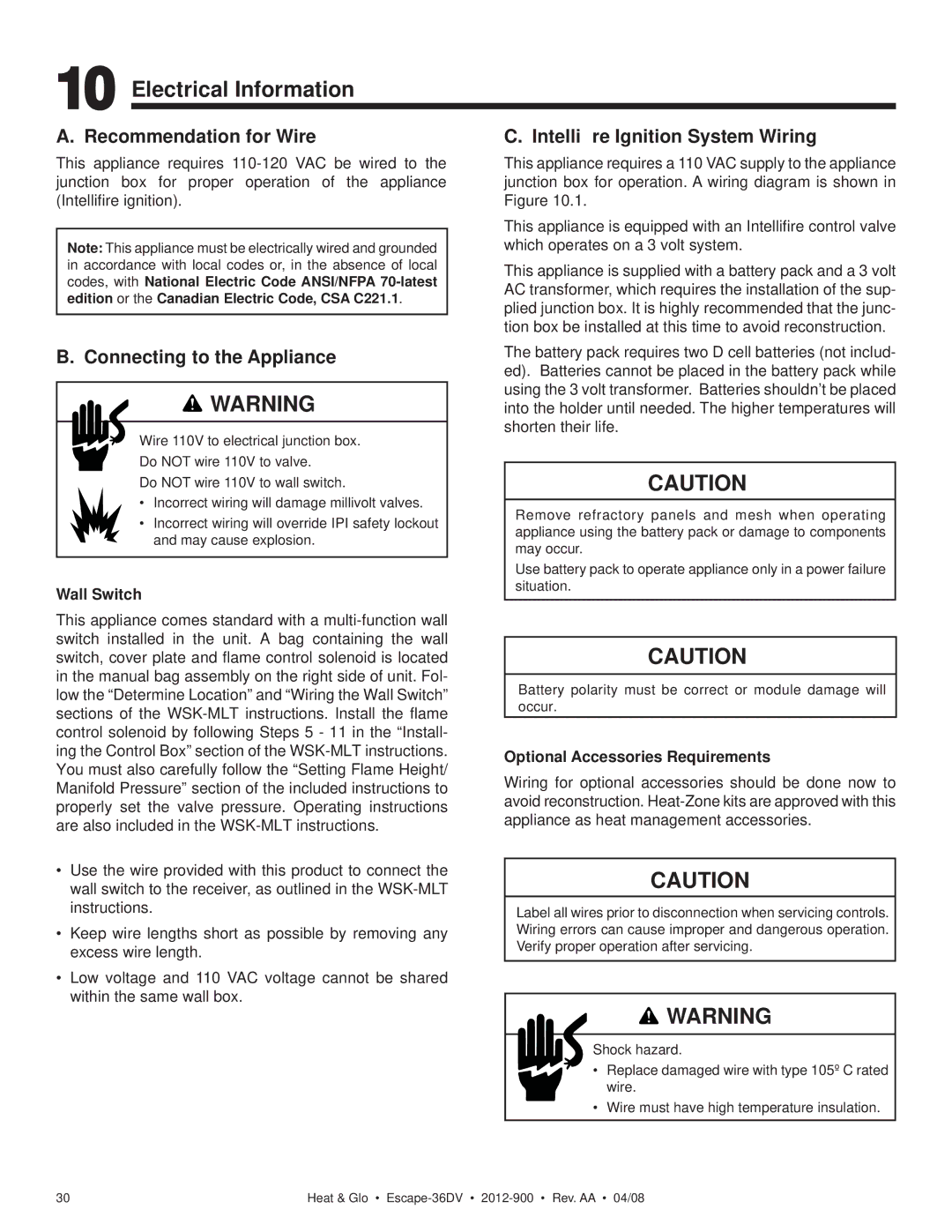 Heat & Glo LifeStyle 36DV owner manual Electrical Information, Recommendation for Wire, Connecting to the Appliance 