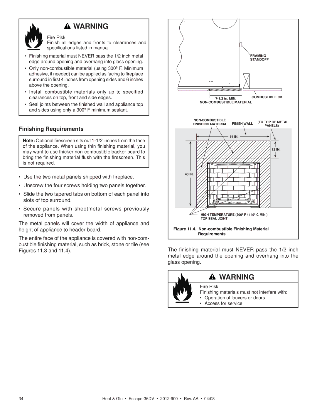 Heat & Glo LifeStyle 36DV owner manual Finishing Requirements 