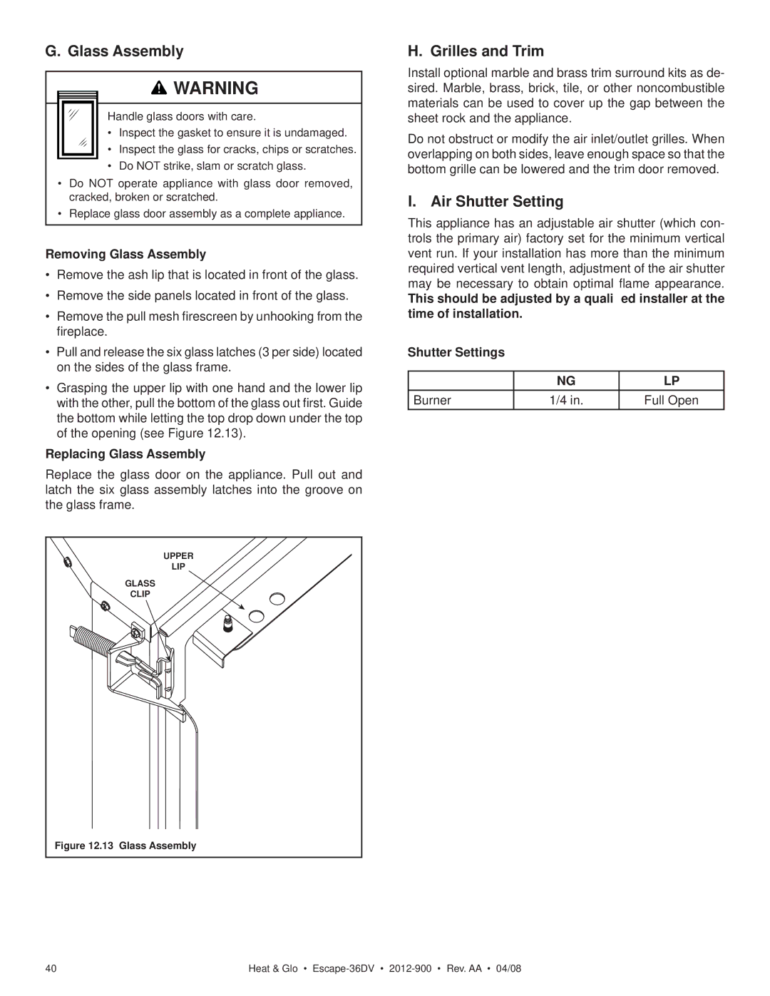 Heat & Glo LifeStyle 36DV Grilles and Trim, Air Shutter Setting, Removing Glass Assembly, Replacing Glass Assembly 