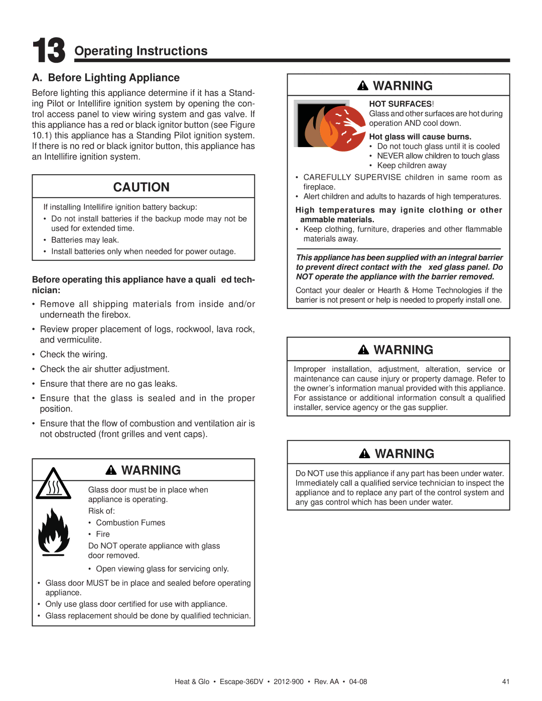 Heat & Glo LifeStyle 36DV owner manual Operating Instructions, Before Lighting Appliance 