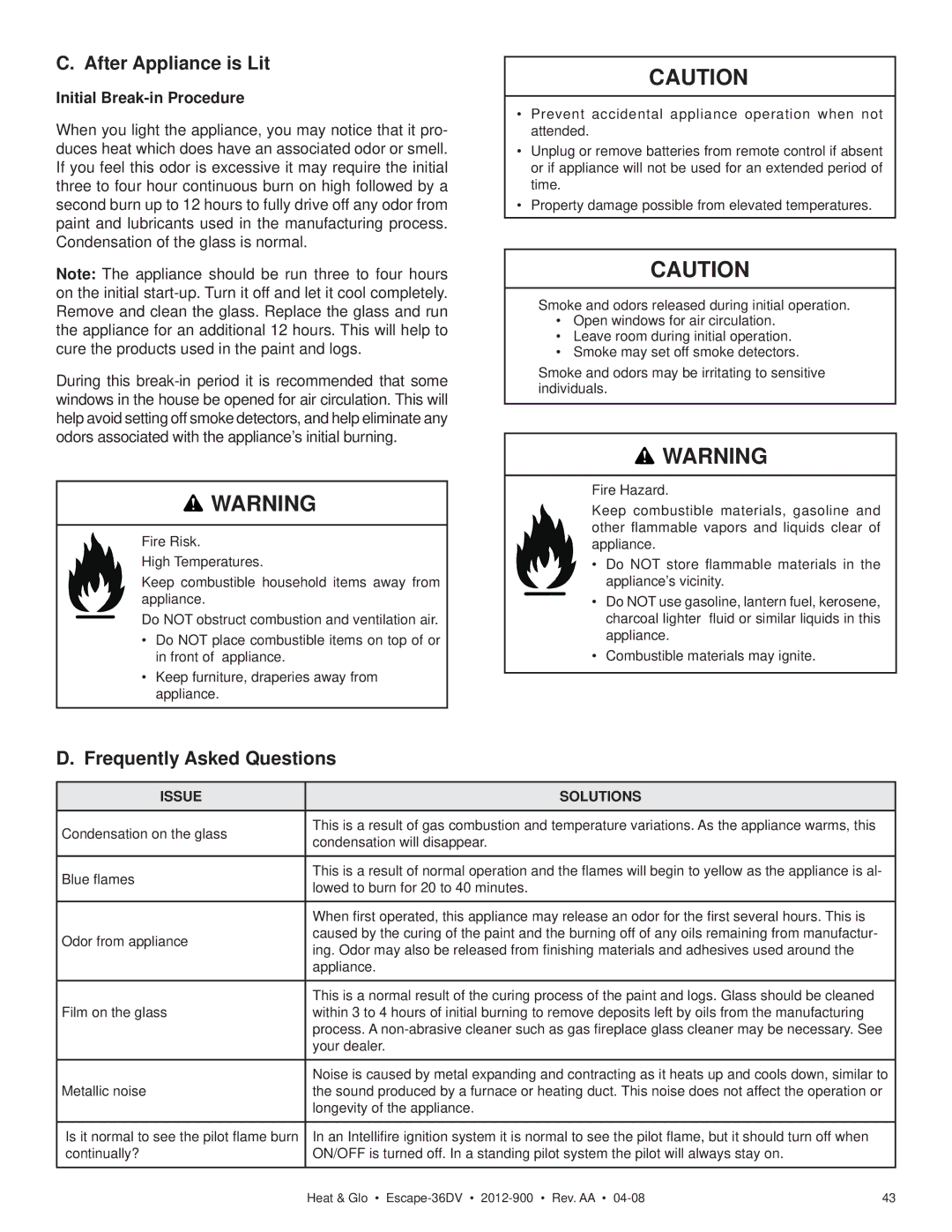 Heat & Glo LifeStyle 36DV owner manual After Appliance is Lit, Frequently Asked Questions, Initial Break-in Procedure 