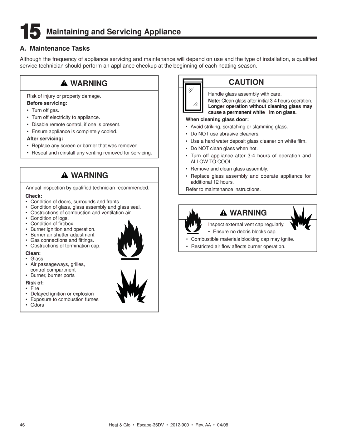 Heat & Glo LifeStyle 36DV owner manual Maintaining and Servicing Appliance, Maintenance Tasks 