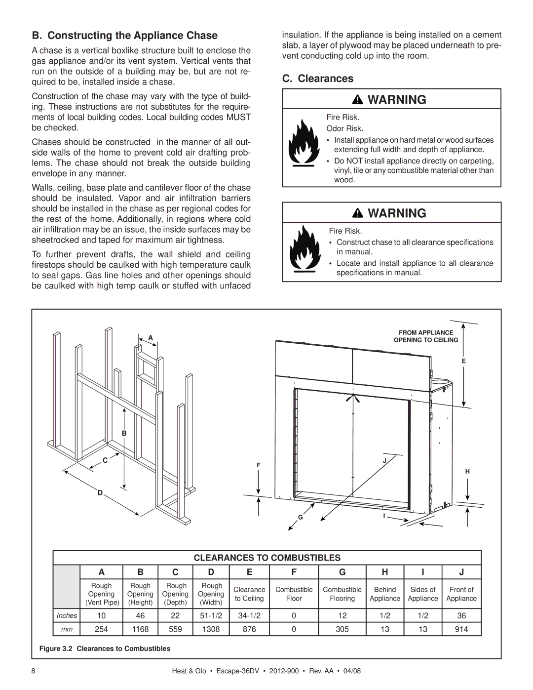 Heat & Glo LifeStyle 36DV owner manual Constructing the Appliance Chase, Clearances 