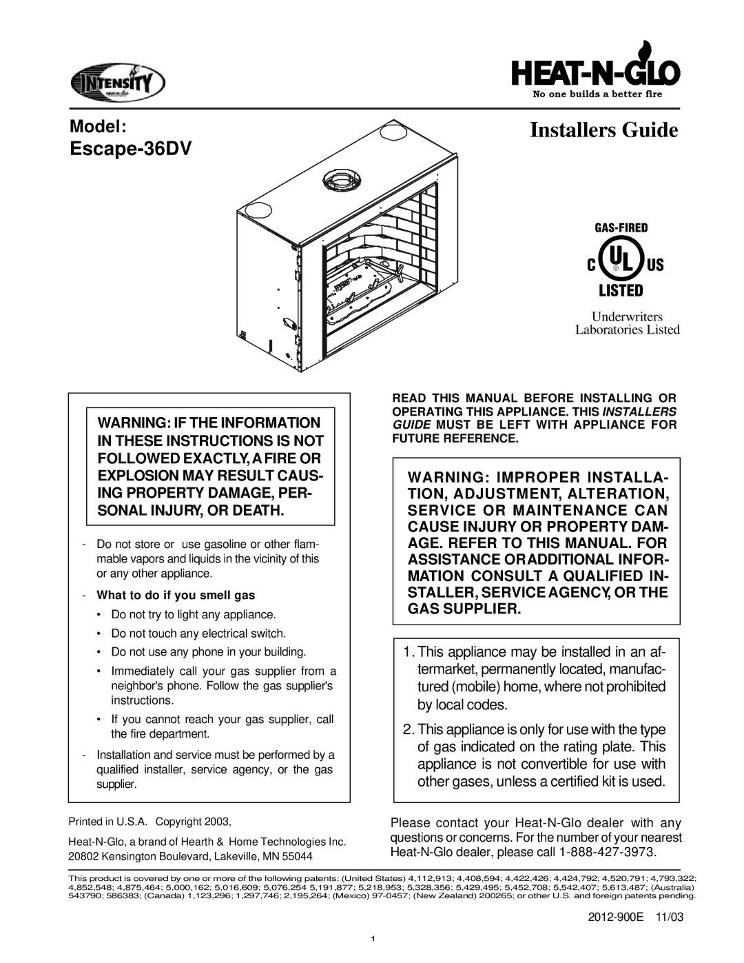 Heat & Glo LifeStyle 36DV manual Installers Guide, What to do if you smell gas 