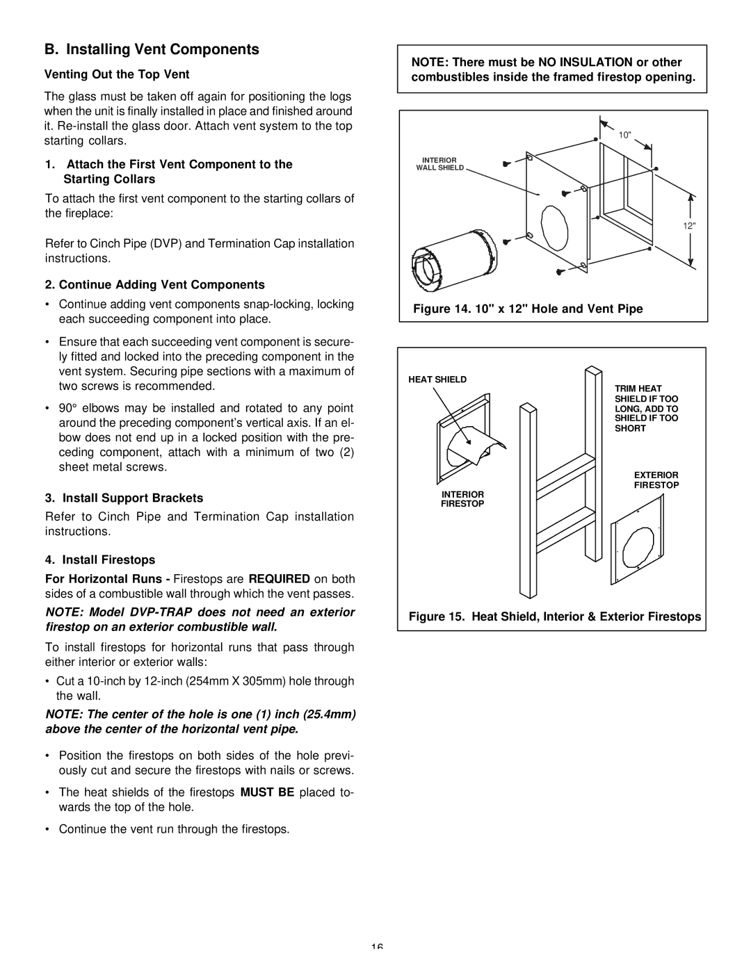 Heat & Glo LifeStyle 36DV manual Installing Vent Components, Venting Out the Top Vent, Continue Adding Vent Components 