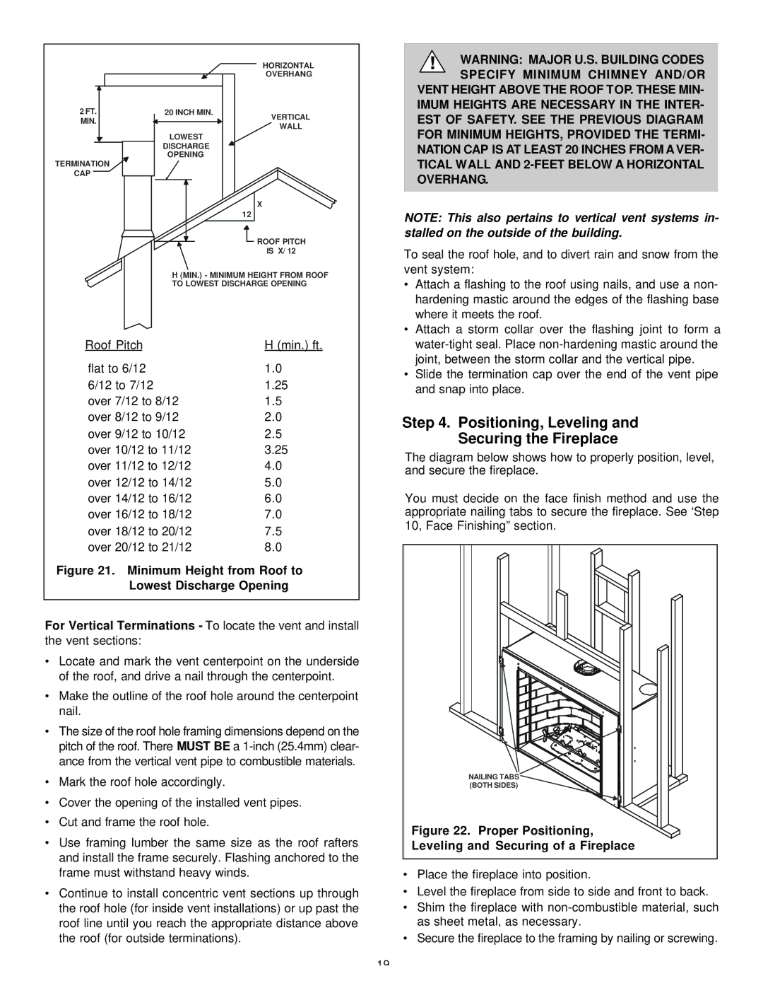 Heat & Glo LifeStyle 36DV manual Positioning, Leveling Securing the Fireplace, Leveling and Securing of a Fireplace 