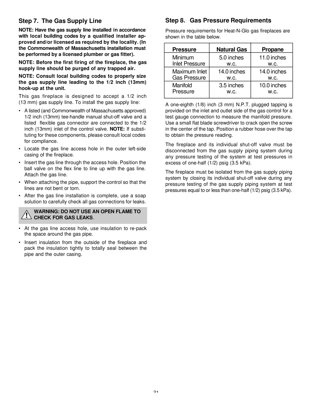 Heat & Glo LifeStyle 36DV manual Gas Supply Line, Gas Pressure Requirements, Check for GAS Leaks 