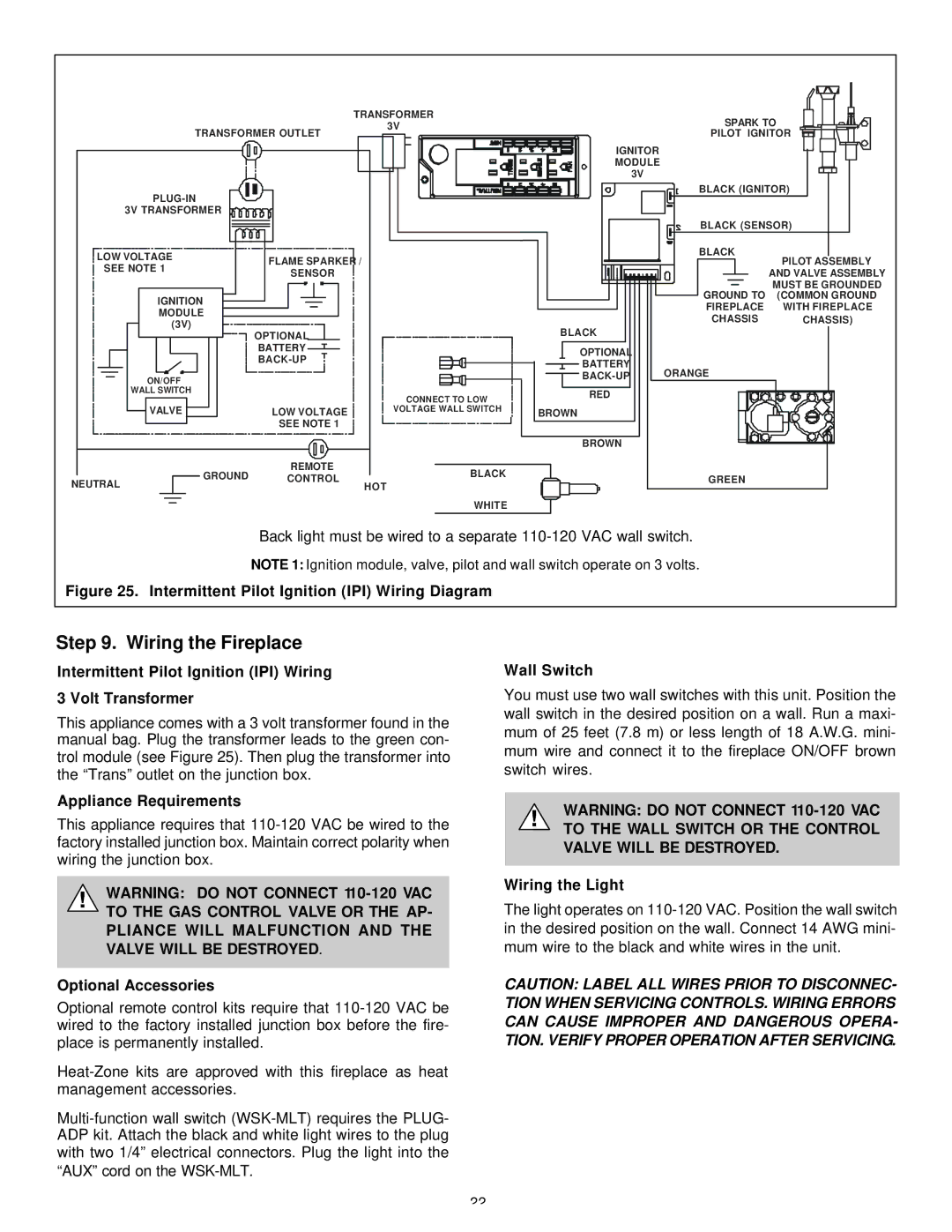 Heat & Glo LifeStyle 36DV manual Wiring the Fireplace 