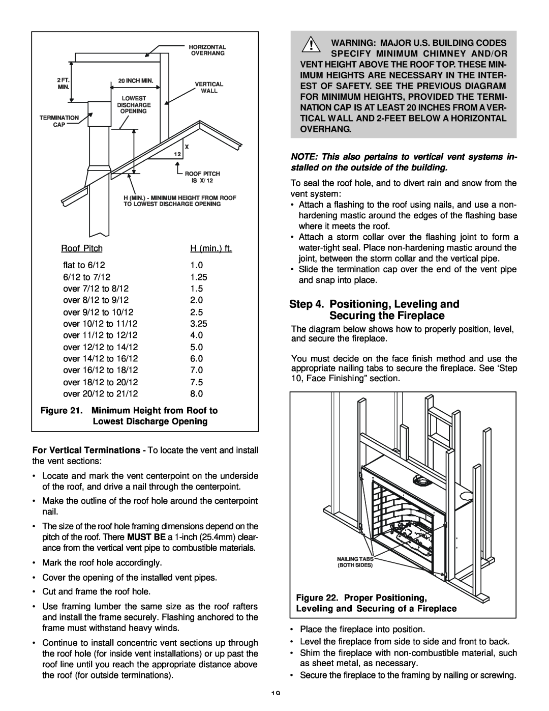 Heat & Glo LifeStyle 36DV manual Positioning, Leveling and, Securing the Fireplace, Proper Positioning 