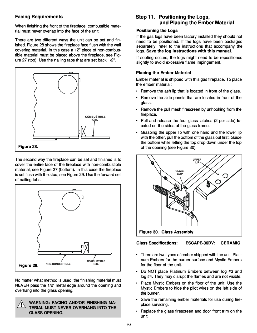 Heat & Glo LifeStyle 36DV manual Positioning the Logs, and Placing the Ember Material, Facing Requirements, Glass Assembly 