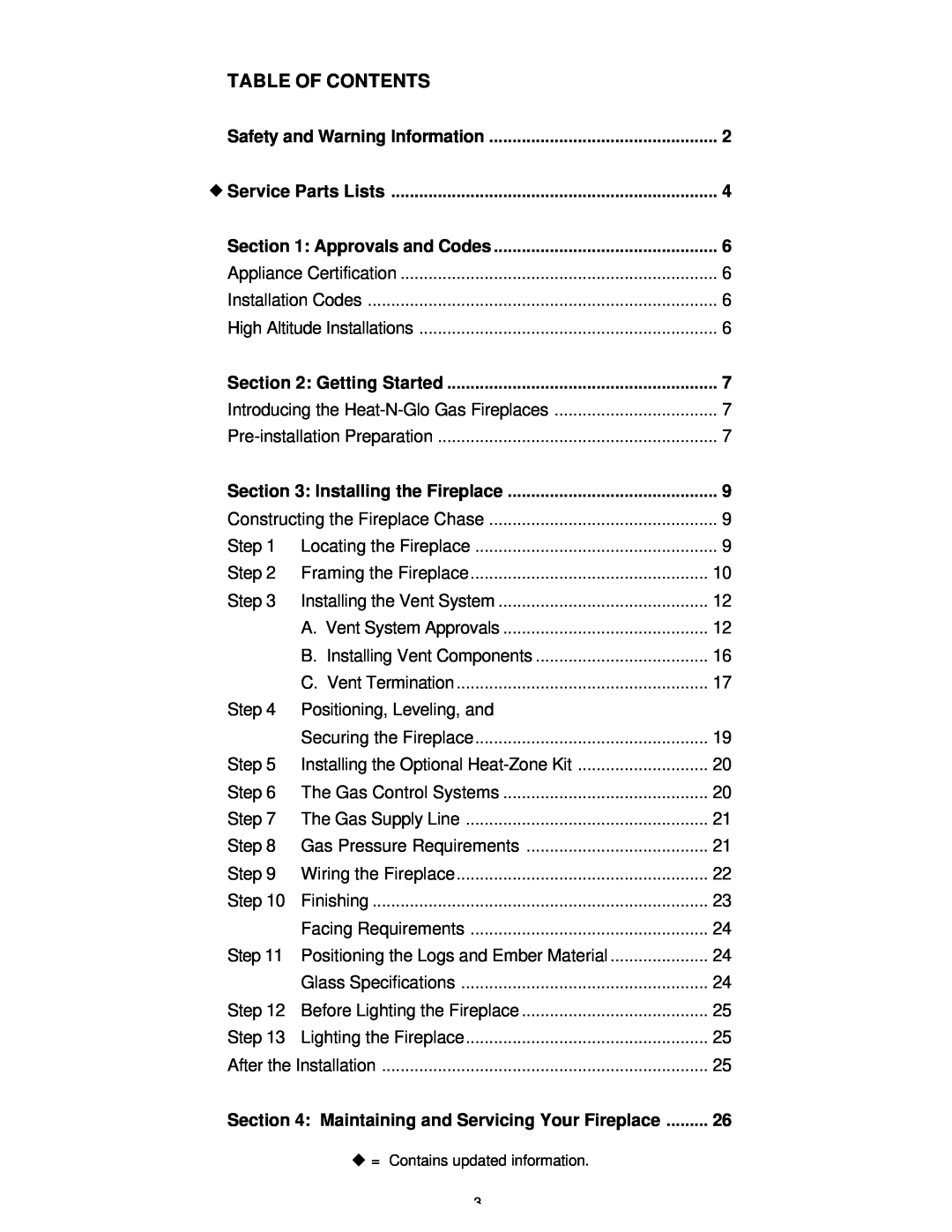 Heat & Glo LifeStyle 36DV manual Table Of Contents 