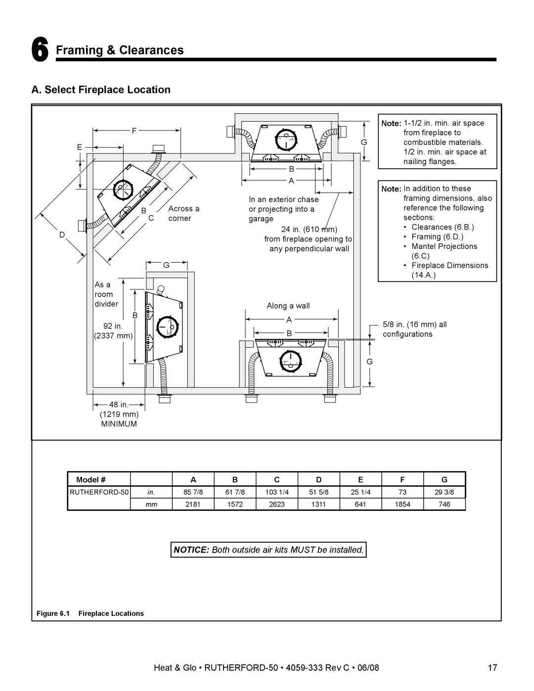 Heat & Glo LifeStyle 50 owner manual Framing & Clearances, Select Fireplace Location 