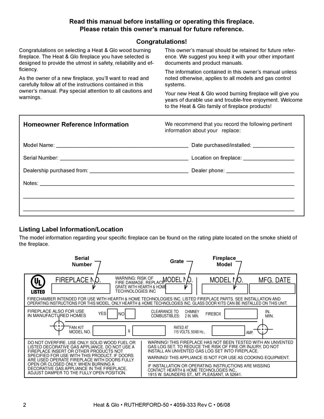 Heat & Glo LifeStyle 50 owner manual Homeowner Reference Information, Listing Label Information/Location 