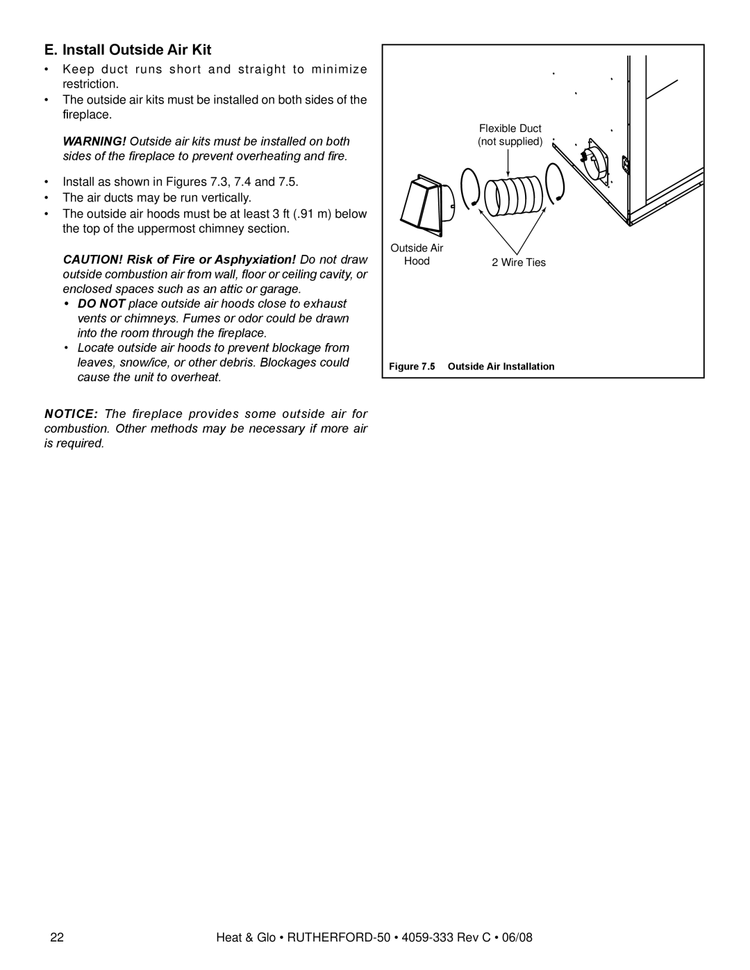 Heat & Glo LifeStyle 50 owner manual Install Outside Air Kit, Outside Air Installation 