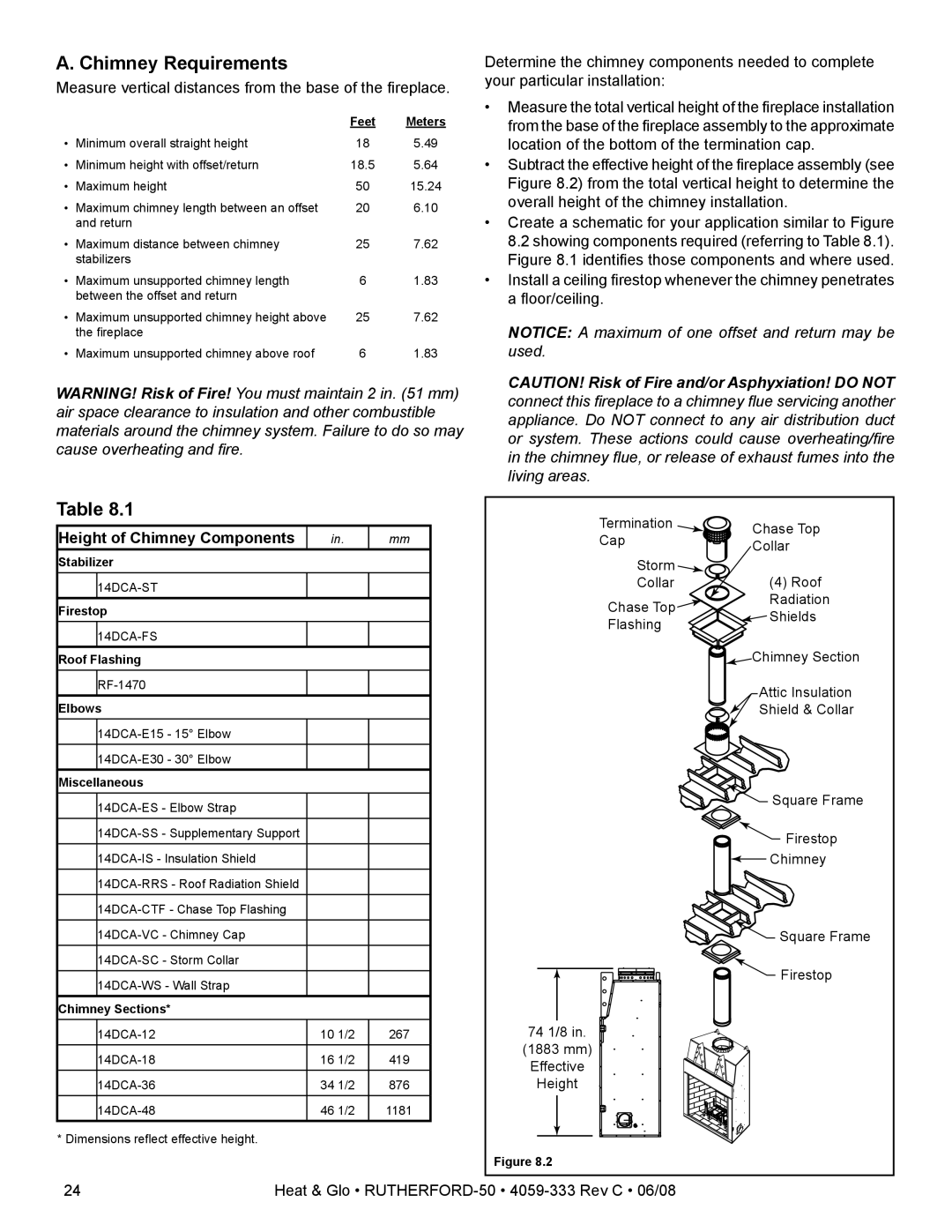 Heat & Glo LifeStyle 50 owner manual Chimney Requirements, Height of Chimney Components 