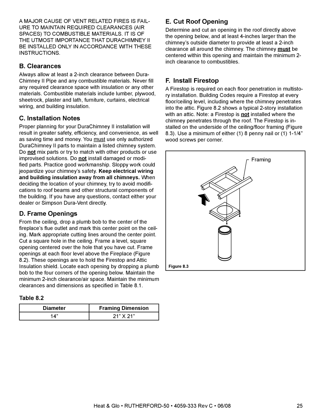 Heat & Glo LifeStyle 50 owner manual Installation Notes, Frame Openings, Cut Roof Opening, Install Firestop 