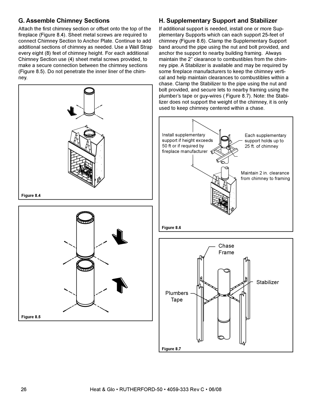 Heat & Glo LifeStyle 50 owner manual Assemble Chimney Sections, Supplementary Support and Stabilizer 