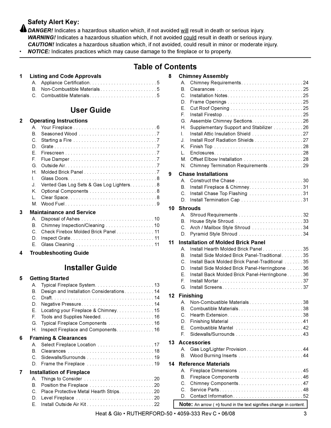 Heat & Glo LifeStyle 50 owner manual Table of Contents, User Guide, Installer Guide, Safety Alert Key 