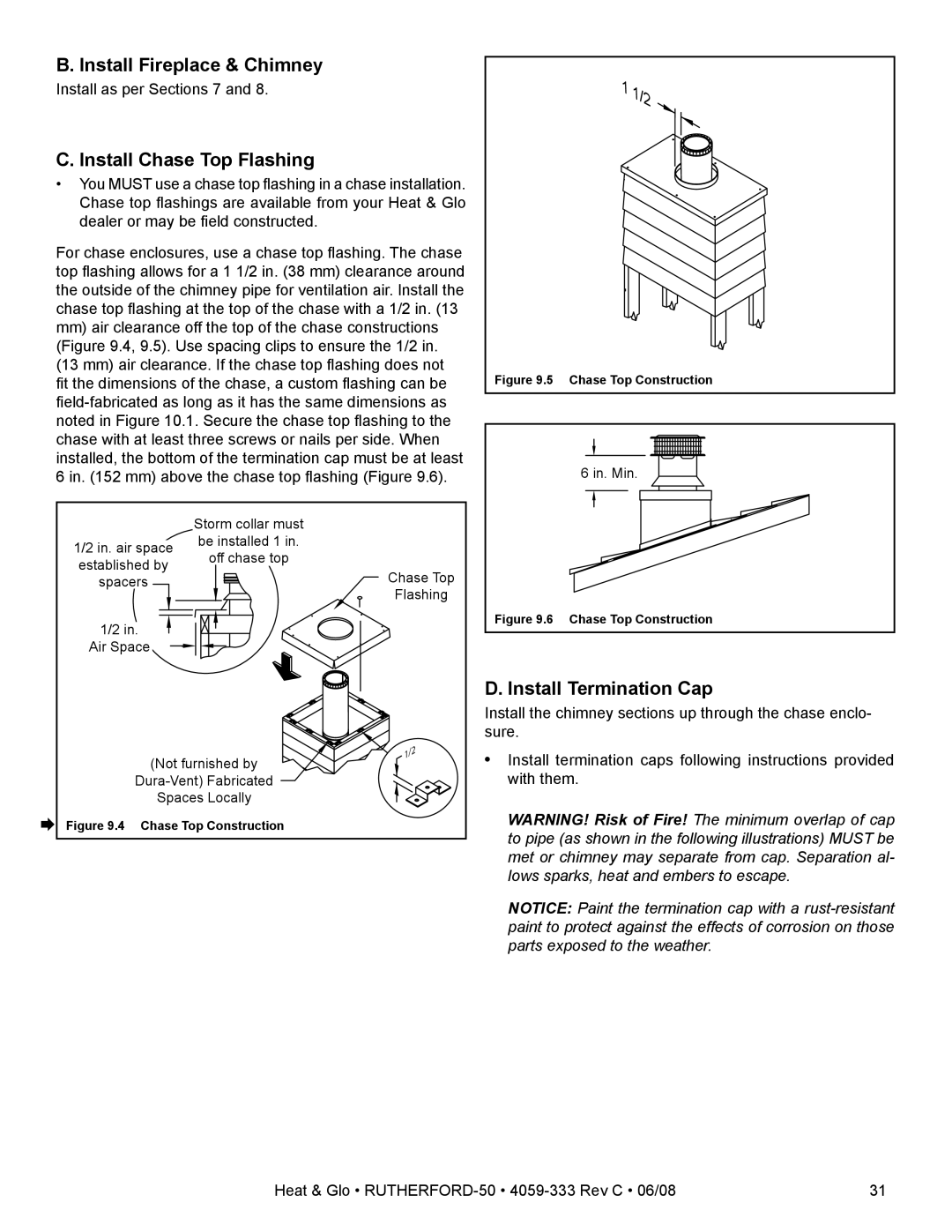 Heat & Glo LifeStyle 50 owner manual Install Fireplace & Chimney, Install Chase Top Flashing, Install Termination Cap 