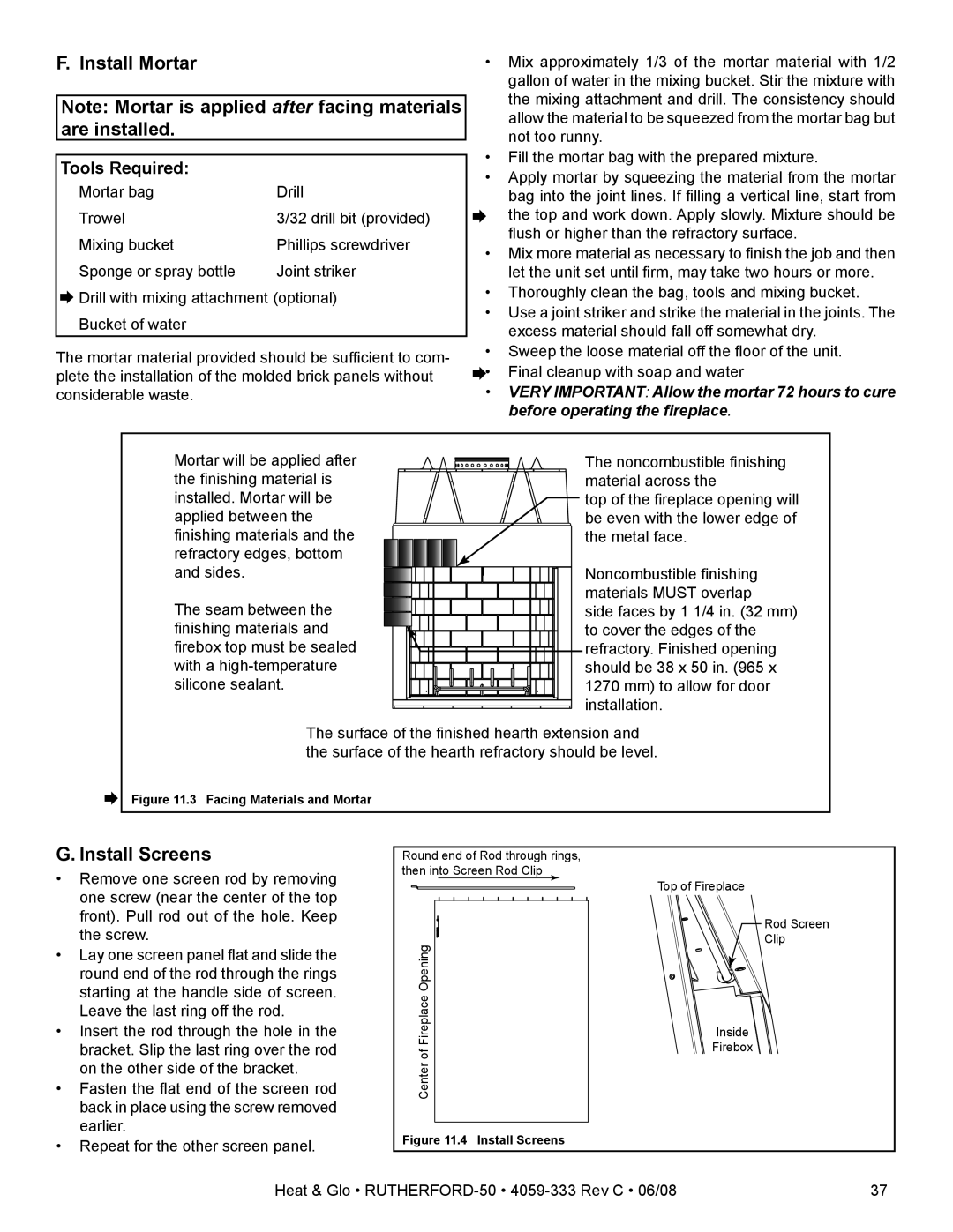 Heat & Glo LifeStyle 50 owner manual Install Mortar, Install Screens 