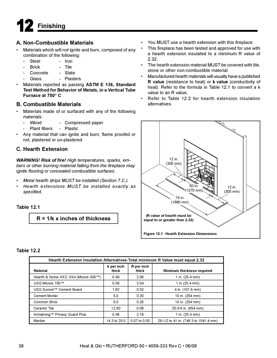 Heat & Glo LifeStyle 50 owner manual Finishing, Hearth Extension, = 1/k x inches of thickness 