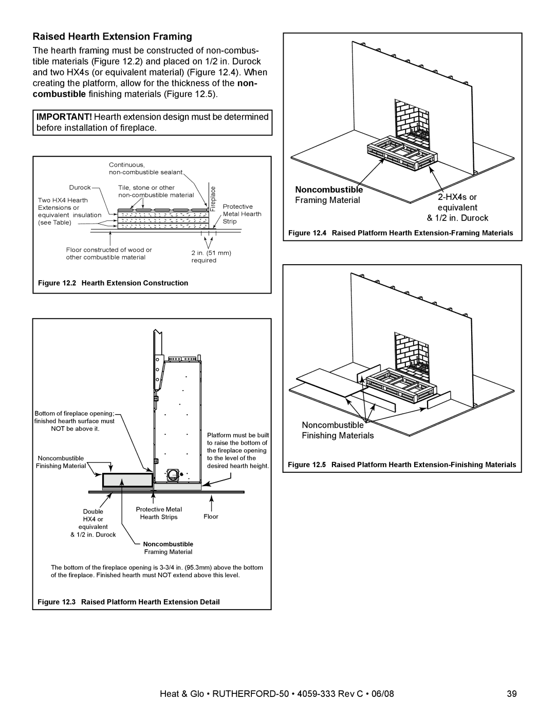 Heat & Glo LifeStyle 50 owner manual Raised Hearth Extension Framing 