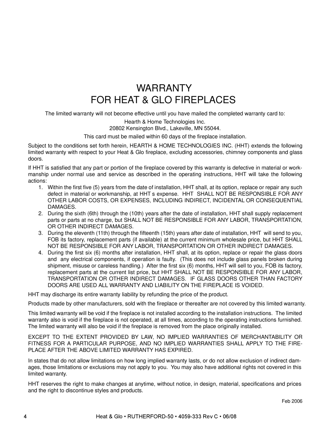 Heat & Glo LifeStyle 50 owner manual Warranty For Heat & GLO Fireplaces 