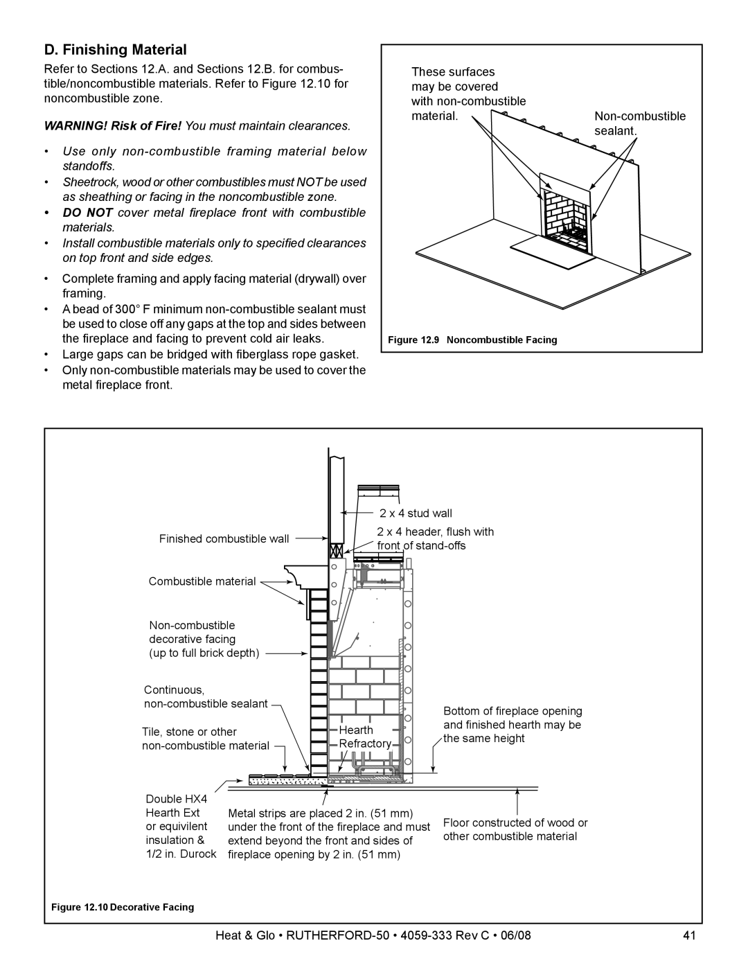 Heat & Glo LifeStyle 50 owner manual Finishing Material, Noncombustible Facing 