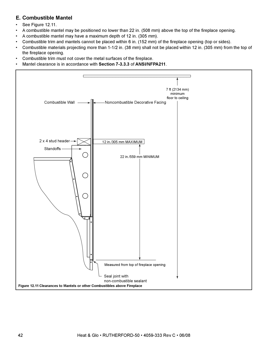 Heat & Glo LifeStyle 50 owner manual Combustible Mantel, Standoffs 