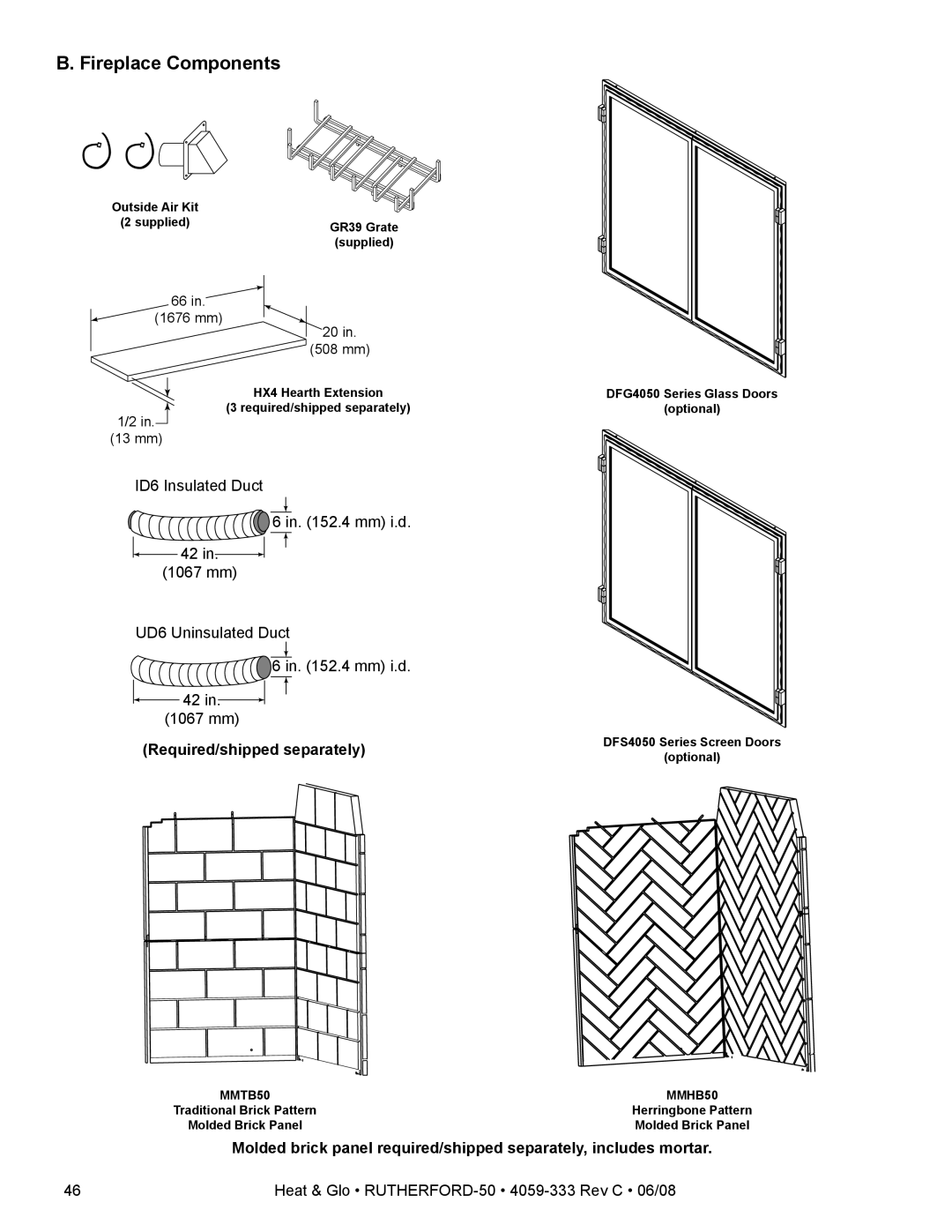 Heat & Glo LifeStyle 50 owner manual Fireplace Components, Required/shipped separately 