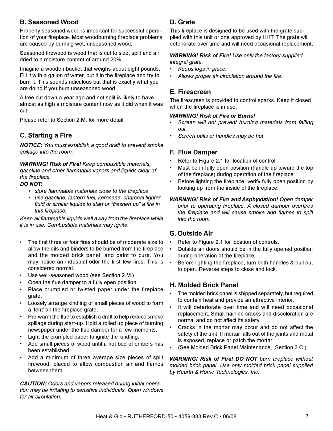 Heat & Glo LifeStyle 50 Seasoned Wood, Starting a Fire, Grate, Firescreen, Flue Damper, Outside Air, Molded Brick Panel 