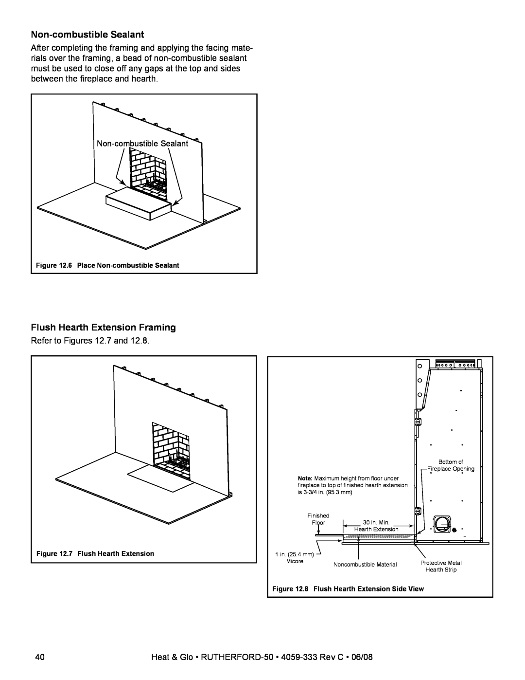 Heat & Glo LifeStyle 50 owner manual Non-combustibleSealant, Flush Hearth Extension Framing 