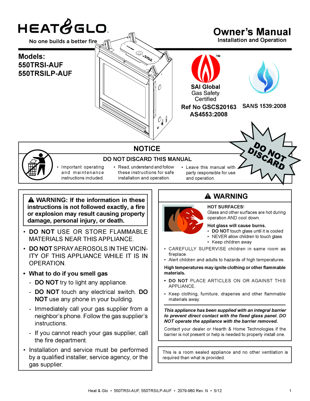 Heat & Glo LifeStyle owner manual Models 550TRSI-AUF 550TRSILP-AUF, Ref No GSCS20163 Sans 15392008 AS45532008 