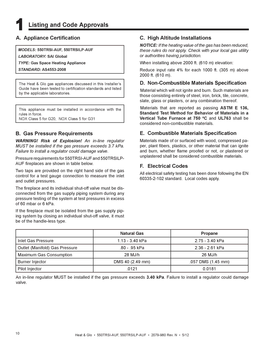 Heat & Glo LifeStyle 550TRSI-AUF owner manual Listing and Code Approvals 