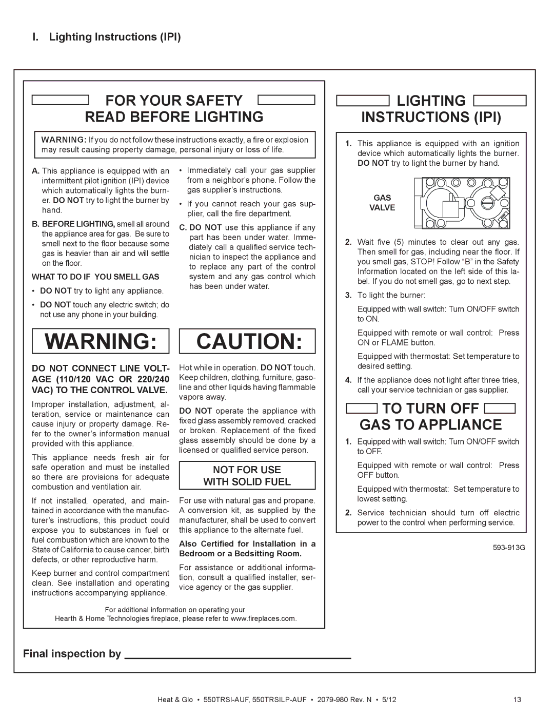 Heat & Glo LifeStyle 550TRSI-AUF owner manual Lighting Instructions IPI, Final inspection by 