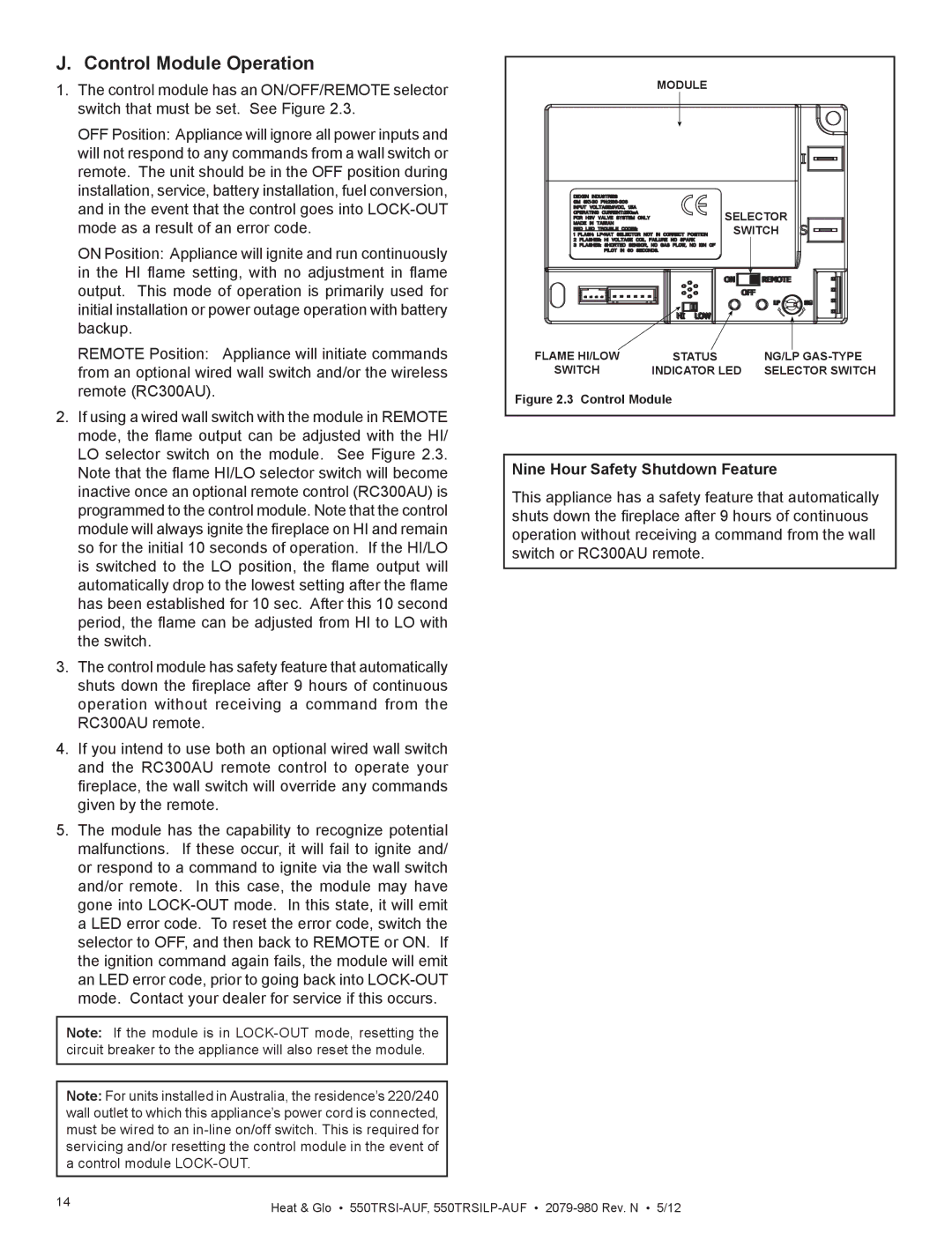 Heat & Glo LifeStyle 550TRSI-AUF owner manual Control Module Operation, Nine Hour Safety Shutdown Feature 