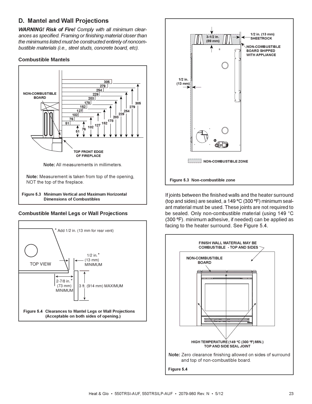 Heat & Glo LifeStyle 550TRSI-AUF owner manual Mantel and Wall Projections, Combustible Mantels 