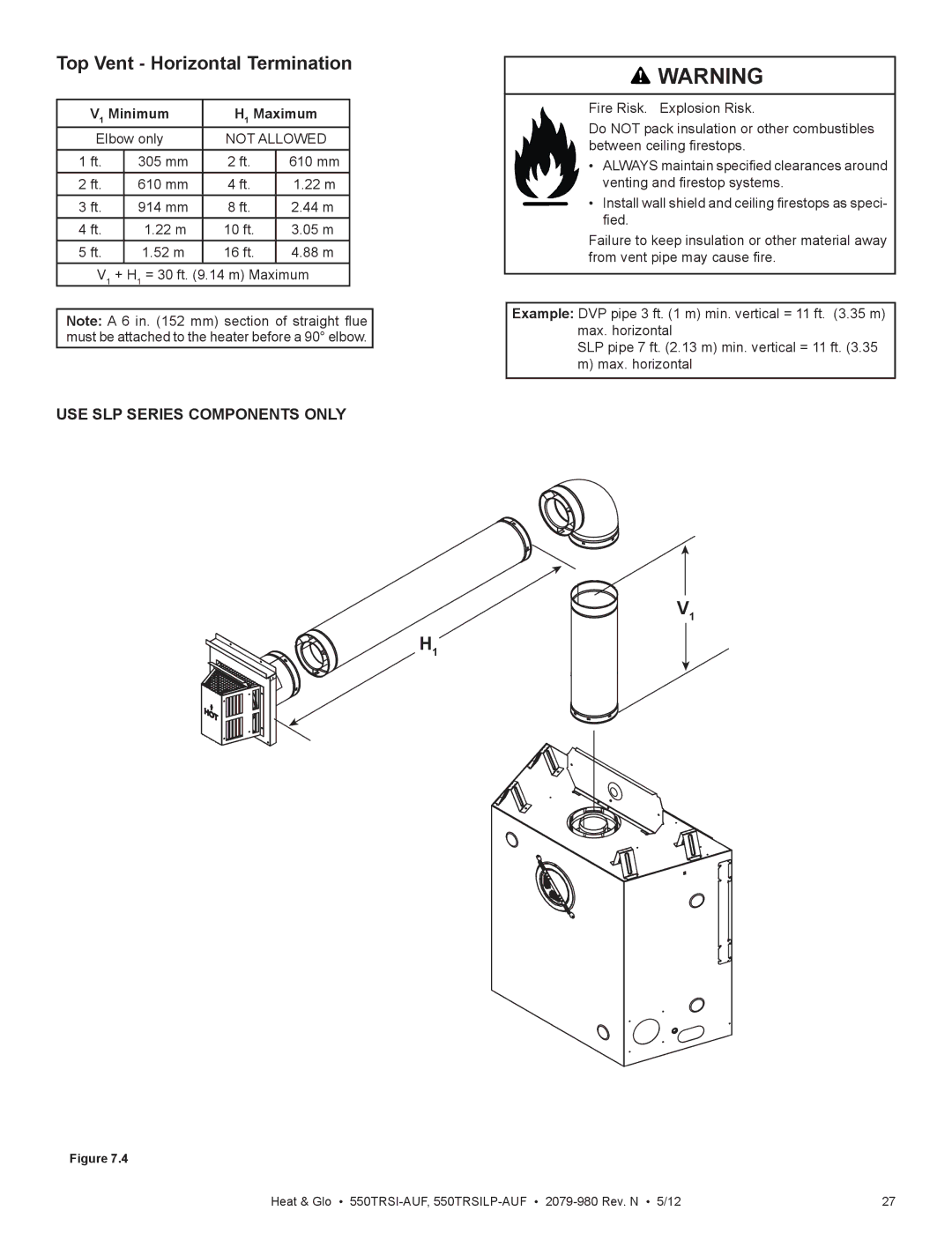 Heat & Glo LifeStyle 550TRSI-AUF owner manual Top Vent Horizontal Termination, V1 Minimum H1 Maximum 